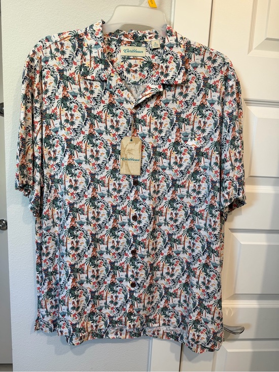 Caribbean Other - Caribbean White Short Sleeve Tropical Print Button-Down Shirt